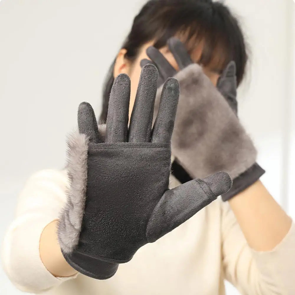 Suede Rabbit Fur Winter Gloves – Warm, Stylish & Touchscreen Ready