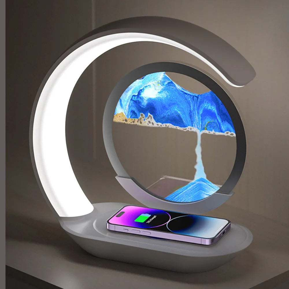 3D Sand Art Table Lamp with Wireless Charger – Ambient Light, Built-In Charging