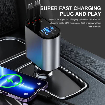 4-in-1 Retractable Car Charger – Charge Everything, Tangle-Free