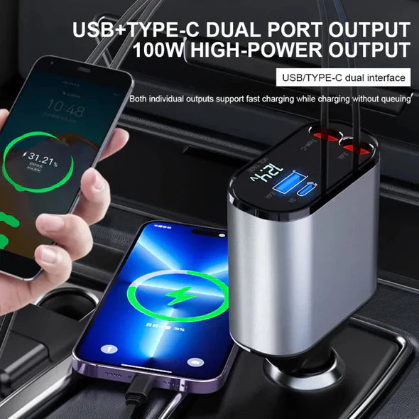 4-in-1 Retractable Car Charger – Charge Everything, Tangle-Free