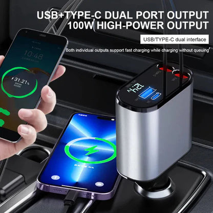 4-in-1 Retractable Car Charger – Charge Everything, Tangle-Free