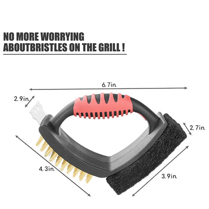 3-in-1 Grill Brush with Brass Bristles – Safe, Scratch-Free Grill Cleaning