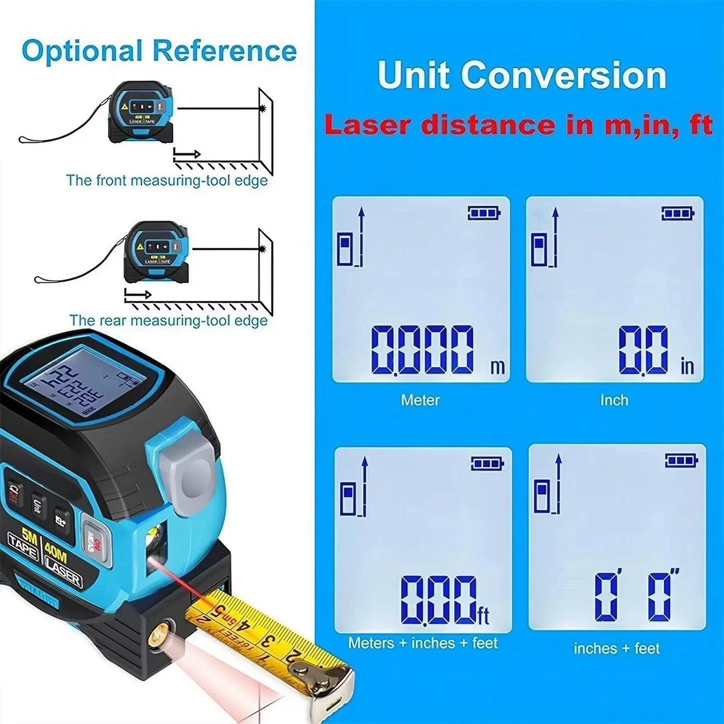 3-in-1 Laser Tape Measure (40/60M) – Long-Range Accuracy, Instant Results