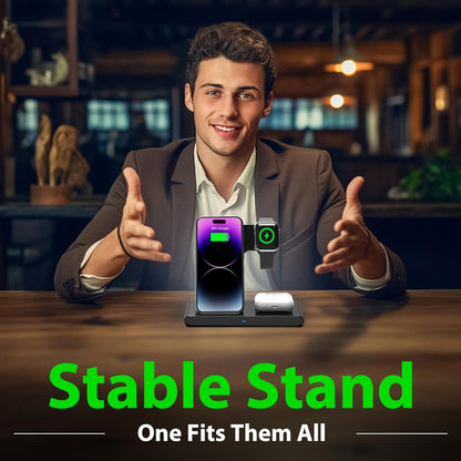 3-in-1 Wireless Fast Charger Stand – Power iPhone, Watch & AirPods Together