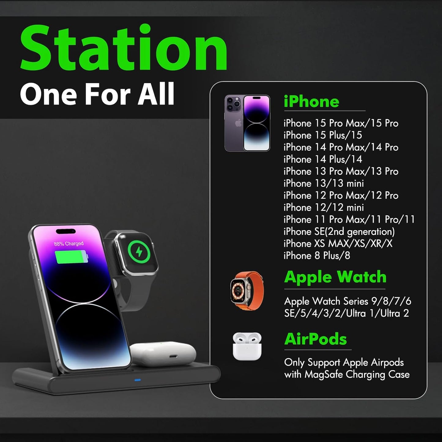 3-in-1 Wireless Fast Charger Stand – Power iPhone, Watch & AirPods Together