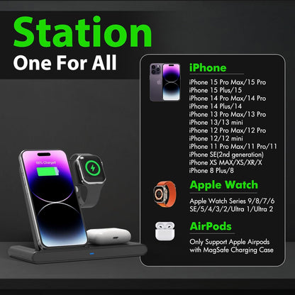3-in-1 Wireless Fast Charger Stand – Power iPhone, Watch & AirPods Together