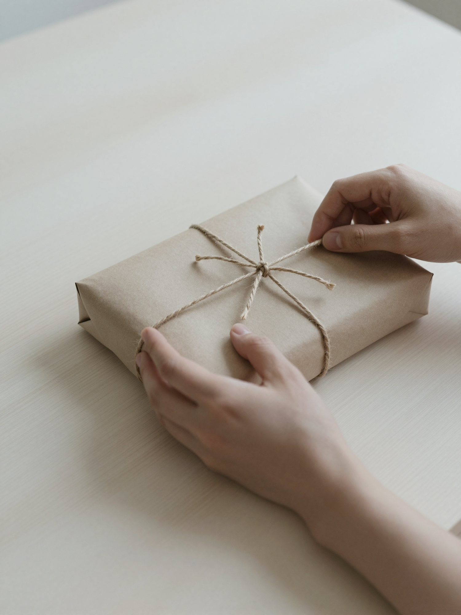 Hands wrapping a parcel in kraft paper and twine on a light wood table