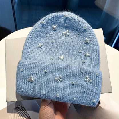 Pearl Accent Knit Beanie – Warm Hat With a Touch of Elegance