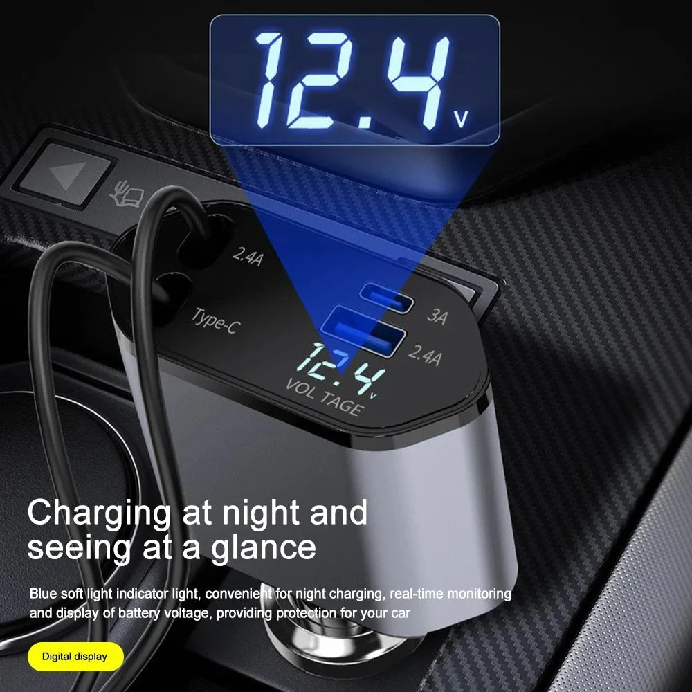120W Retractable Car Charger – Tangle-Free Fast Charging