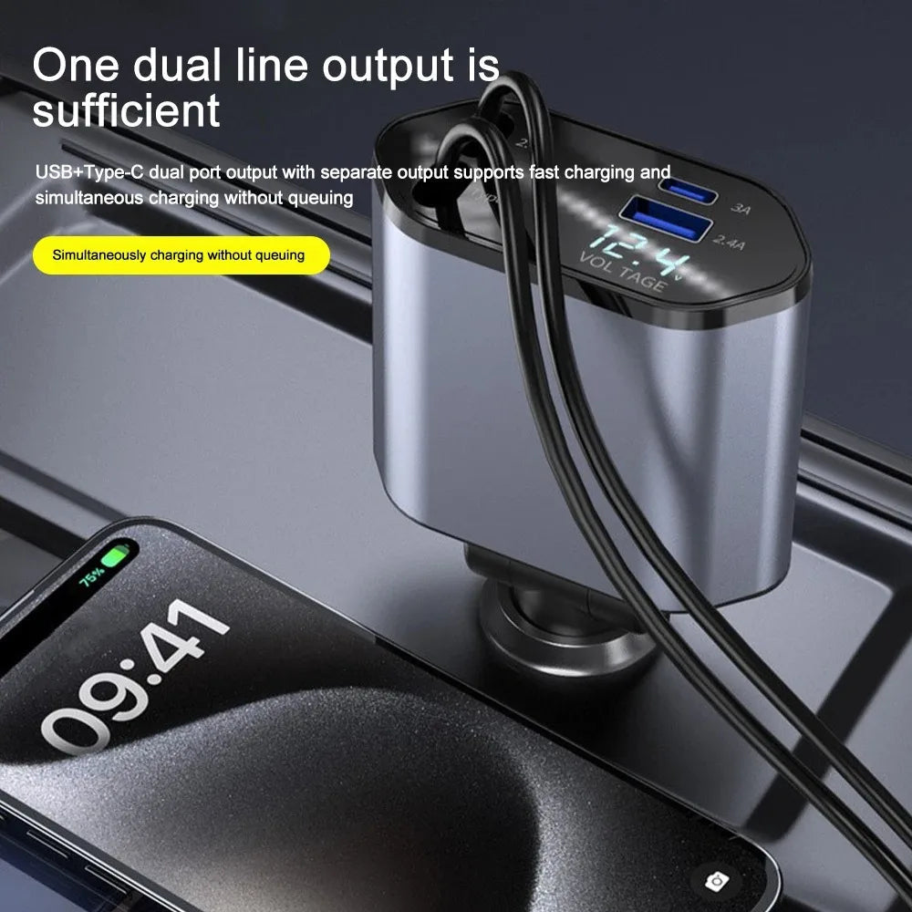 120W Retractable Car Charger – Tangle-Free Fast Charging