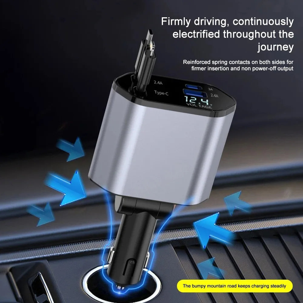 120W Retractable Car Charger – Tangle-Free Fast Charging