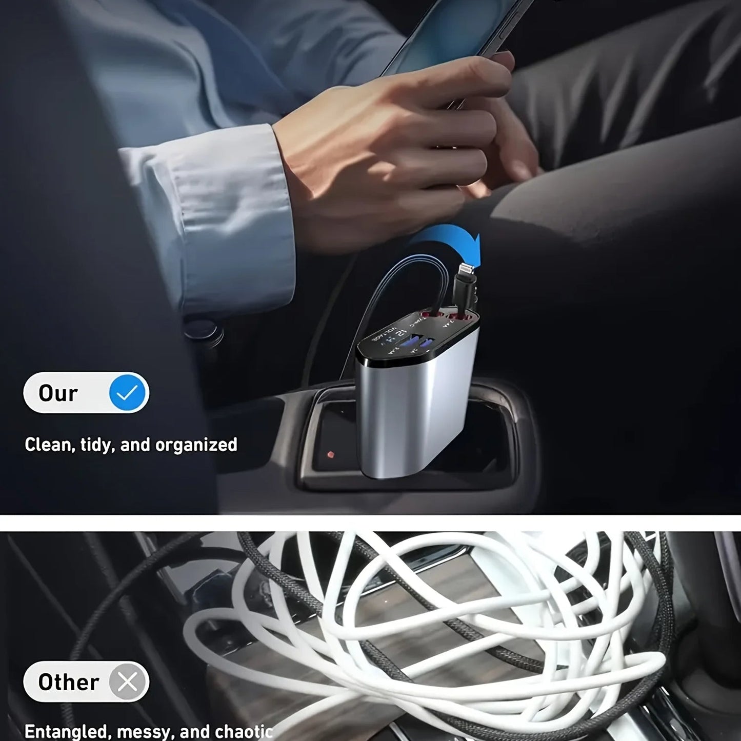 120W Retractable Car Charger – Tangle-Free Fast Charging