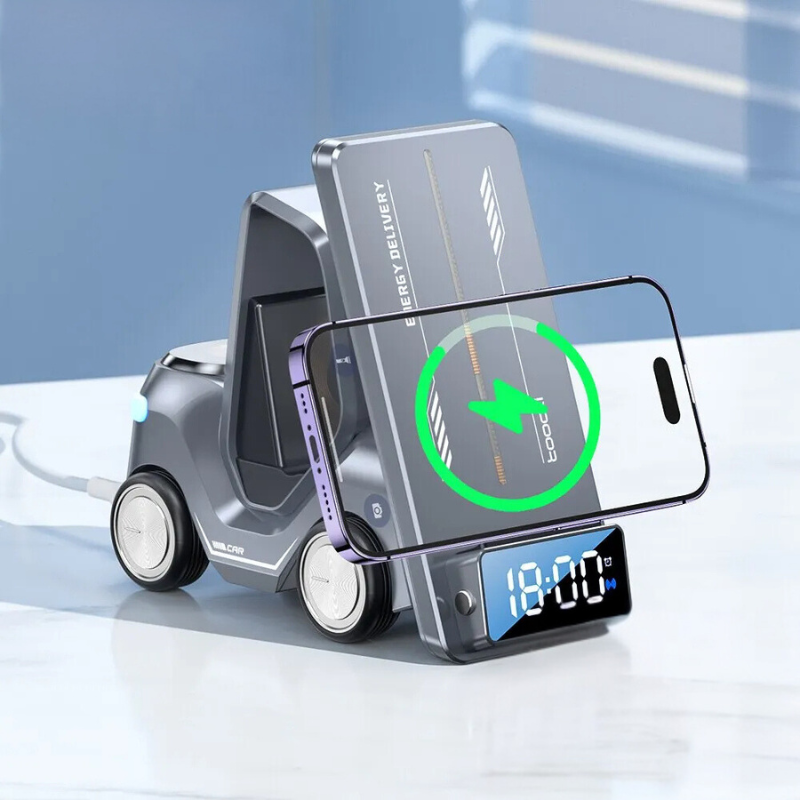 5-in-1 Forklift Wireless Charger with Alarm Clock & Night Light – A Nightstand Upgrade